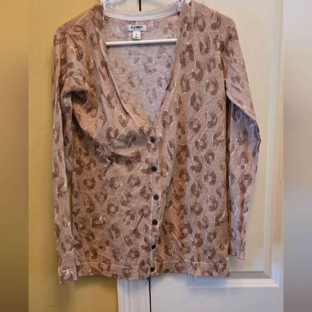 Old Navy Women Leopard Print Button Cardigan - Brown and Cream With Gold Sparkle